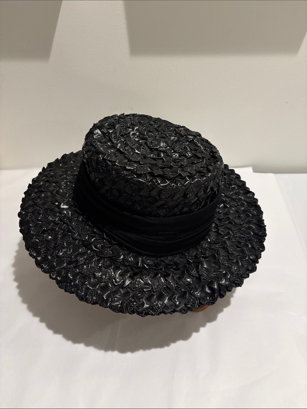 Vintage Charter Hat black woven raffia straw sun hat flat crown medium brim